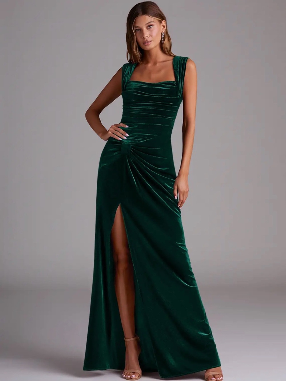 Azazie Genesis- Emerald Sheath Pleated Velvet Dress